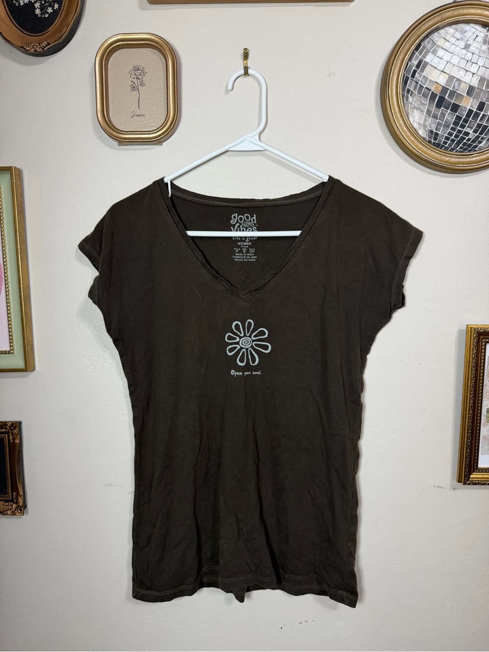 Life Is Good Brown V-Neck Tee with Daisy Graphic